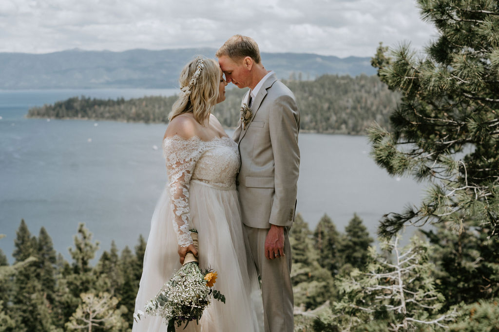 Lake Tahoe eloping couple overlooking Emerald Bay