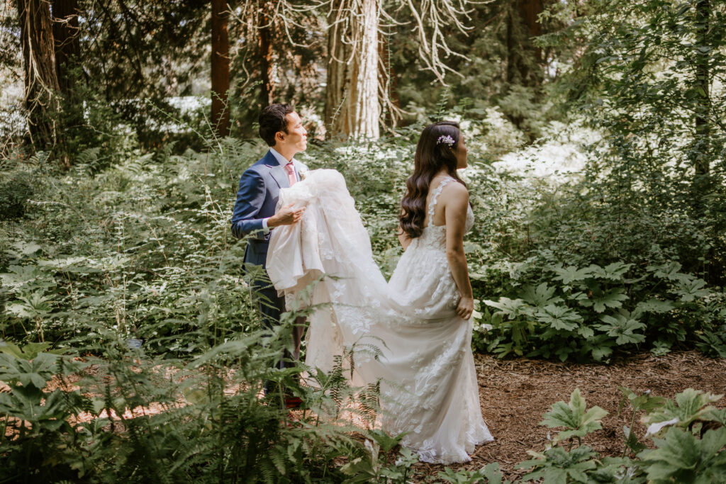 CA Redwood Elopement couple walking through the forest